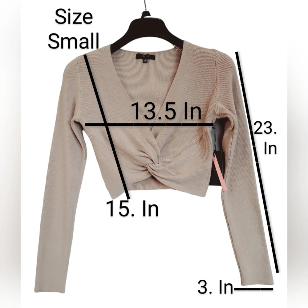 Women's Crop Sweater Taupe Knot Front Cropped V Neck Long Sleeve New - Picture 6 of 13
